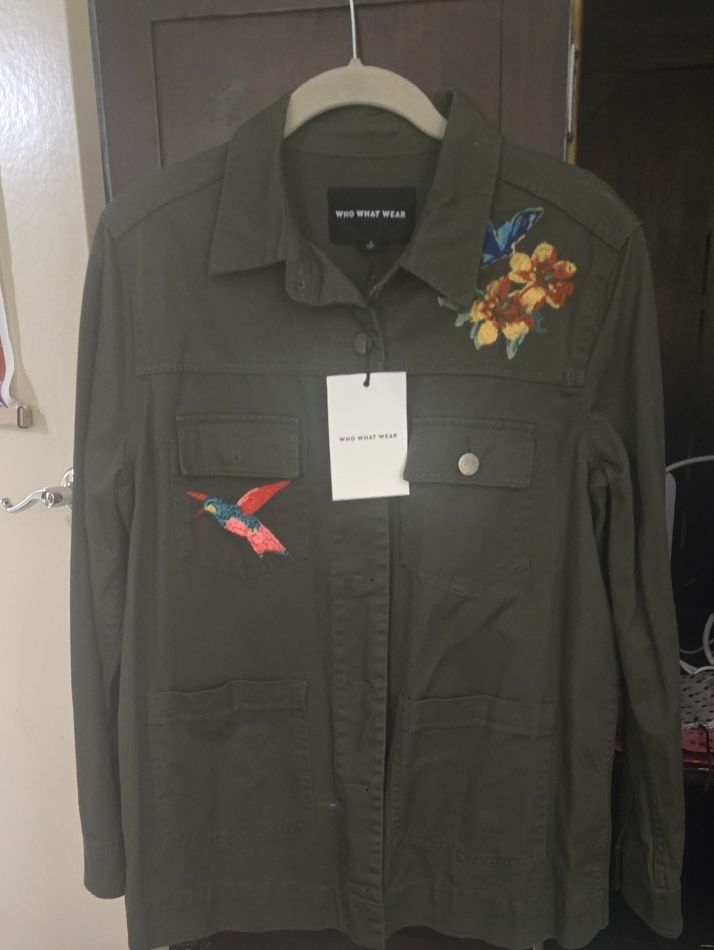 Who What Wear Olive Utility Jacket with Floral & Hummingbird Embroidery